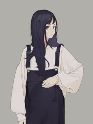 Rule 34 | 1girl, black hair, brown eyes, closed mouth, commentary request, grey background, highres, long hair, long sleeves, looking at viewer, looking to the side, original, overalls, puffy long sleeves, puffy sleeves, shirt, simple background, sleeves past wrists, solo, tsurara eeri, upper body, white shirt