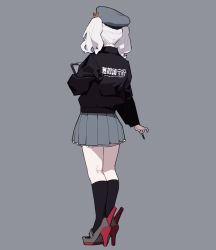Rule 34 | 1girl, bad id, bad twitter id, beret, black jacket, black socks, clipboard, from behind, full body, grey background, grey skirt, hageshii nakano, hat, high heels, holding, holding pen, jacket, kantai collection, kashima (kancolle), long hair, long sleeves, pen, pleated skirt, silver hair, simple background, skirt, socks, solo, standing, thighs, translation request, twintails, wavy hair