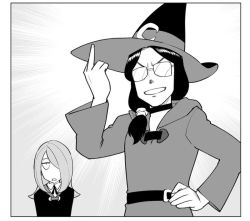 Rule 34 | 2girls, glasses, greyscale, hat, little witch academia, long hair, looking at viewer, luna nova school uniform, middle finger, monochrome, multiple girls, open mouth, school uniform, smile, sucy manbavaran, ueyama michirou, ursula callistis, witch, witch hat