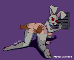 Rule 34 | 1boy, 1girl, all fours, animal costume, anus, artist request, ass, ass focus, ass grab, breasts, breasts out, embarrassed, five nights at freddy&#039;s, five nights at freddy&#039;s: security breach, fur suit, hetero, highres, large breasts, looking at another, looking at viewer, moaning, nipples, pussy, rabbit, rabbit costume, rabbit ears, red eyes, shiny skin, simple background, skin tight, vanny (fnaf), wide hips