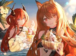 Rule 34 | 2girls, :/, absurdres, animal ears, arknights, azhenhgu, black choker, black one-piece swimsuit, breasts, ceobe (arknights), ceobe (summer flowers) (arknights), chinese commentary, choker, cleavage, closed mouth, day, demon horns, detached sleeves, dog ears, fang, fang out, fingernails, hair between eyes, hair ornament, hair rings, highres, holding food, holding ice cream, horns, ice cream, lens flare, lips, long hair, looking at viewer, medium breasts, multiple girls, official alternate costume, one-piece swimsuit, orange hair, palm leaf, partially submerged, purple eyes, red hair, sky, star (symbol), star hair ornament, surtr (arknights), surtr (colorful wonderland) (arknights), swimsuit, swimsuit cover-up, very long hair, water, white sleeves