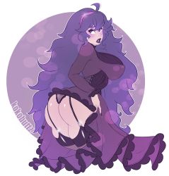 Rule 34 | 1girl, @ @, ahoge, ass, blush, breasts, corset, creatures (company), curvy, dress, fingernails, flashing, game freak, garter straps, hair between eyes, hairband, hex maniac (pokemon), highres, hip focus, huge ass, impossible clothes, kokobuttz, large breasts, lipstick, long dress, long fingernails, long hair, long sleeves, looking to the side, makeup, nail polish, nintendo, npc trainer, open mouth, panties, pokemon, pokemon xy, purple dress, purple eyes, purple hair, purple thighhighs, skindentation, skirt, solo, thick thighs, thighhighs, thighs, turtleneck, underwear, wide hips