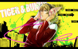 Rule 34 | 10s, 1boy, bad id, bad pixiv id, barnaby brooks jr., blonde hair, cityscape, glasses, green eyes, headphones, jacket, letterboxed, male focus, red jacket, solo, street signs, tiger &amp; bunny, ymsr