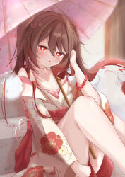 Rule 34 | 1girl, absurdres, armlet, bare legs, bare shoulders, blush, boo tao (genshin impact), bow, bracelet, breasts, brown hair, embarrassed, floral print, flower-shaped pupils, genshin impact, hand in own hair, highres, hu tao (genshin impact), japanese clothes, jewelry, kimono, knee up, kosame no yui, long hair, looking at viewer, open clothes, open kimono, open mouth, pink kimono, red bow, red bracelet, red eyes, sitting, small breasts, solo, symbol-shaped pupils, thighs, umbrella, yukata