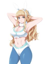 Rule 34 | 1girl, absurdres, animal ears, armpits, arms behind head, arms up, blonde hair, blue legwear, breasts, charlotte (fire emblem), cleavage, curly hair, fire emblem, fire emblem fates, fire emblem heroes, green eyes, hair ornament, hands in hair, highres, hime cut, large breasts, leotard, long hair, looking at viewer, midriff, navel, nintendo, playboy bunny, rabbit ears, rabbit tail, ribbon, seityr, tail, toned, white ribbon