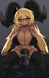 Rule 34 | 1girl, absurdres, ahoge, bangs, bed, bikini, bikini top, bionicle, black-framed eyewear, black bikini, black choker, black horns, black legwear, black nails, black sleeves, breasts, bursting breasts, caoimhe (zana), censored, choker, cleavage, commentary, curled horns, detached sleeves, english commentary, eyebrows visible through hair, facing viewer, feet out of frame, fingernails, grey background, hair on horn, head tilt, highres, horns, huge breasts, lego, long hair, looking at viewer, mole, mole on breast, multiple moles, nail polish, navel, novelty censor, on bed, original, purple eyes, semi-rimless eyewear, sitting, solo, spaghetti strap, spread legs, swimsuit, the lego group, thick eyebrows, thick thighs, thighhighs, thighs, under-rim eyewear, zanamaoria