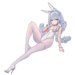 Rule 34 | 1girl, alios arvin, animal ear fluff, animal ears, azur lane, bare shoulders, between breasts, blunt bangs, braid, breasts, choker, closed mouth, commentary, english commentary, expressionless, eyelashes, frills, full body, high heels, highleg, highleg leotard, knee up, le malin (azur lane), le malin (listless lapin) (azur lane), leotard, looking at viewer, multicolored eyes, official alternate costume, simple background, small breasts, solo, thigh strap, twin braids, white background, white choker, white hair, white legwear, white leotard, wrist cuffs