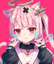 Rule 34 | 1girl, :3, absurdres, animal ear fluff, animal ears, black nails, blush, broken halo, cat ears, cat girl, cat tail, closed mouth, collarbone, crown, drawn whiskers, drawn wings, dress, hair ornament, halo, hands up, highres, indie virtual youtuber, long sleeves, looking at viewer, masaki (msk064), mini crown, nail polish, one side up, pink dress, pink hair, puffy long sleeves, puffy sleeves, red background, red eyes, simple background, sleeves past wrists, solo, tail, tail raised, tilted headwear, tokusari kukuri, virtual youtuber, x hair ornament