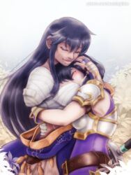 Rule 34 | 2girls, amputee, arms around neck, arms around waist, ayra (fire emblem), bandaged arm, bandages, closed eyes, crying, earrings, facial scar, fire emblem, fire emblem: genealogy of the holy war, fire emblem heroes, flower, hand on another&#039;s head, happy tears, head on chest, heads together, highres, hug, jewelry, larcei (fire emblem), long hair, missing limb, mother and daughter, multiple girls, mutual hug, nintendo, ring, scar, scar across eye, scar on cheek, scar on face, sieggystardust, smile, streaming tears, sword, tears, weapon, wedding ring, white flower