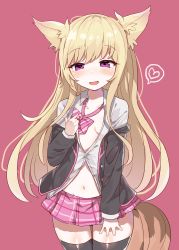 Rule 34 | 1girl, animal ears, black jacket, black thighhighs, blonde hair, blouse, blush, bow, bowtie, breasts, buttons, collar, collared shirt, cowboy shot, fox ears, fox girl, hand up, heart, highres, jacket, long hair, long sleeves, looking at viewer, miniskirt, navel, open clothes, open mouth, original, pink background, pink bow, pink bowtie, plaid, plaid skirt, pointing, purple eyes, renoa yu, shirt, sidelocks, simple background, skirt, small breasts, solo, spoken heart, standing, striped, sweatdrop, tail, thighhighs, thighs, zettai ryouiki