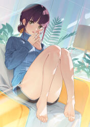 Rule 34 | 1girl, absurdres, bandaid, bandaid on hand, bare legs, barefoot, black shorts, blue sweater, blunt bangs, blush, brown eyes, commentary request, convenient leg, couch, ddal, dolphin shorts, feet, hair bun, hair ribbon, highres, indoors, knees up, lamp, light rays, long sleeves, looking at viewer, nail polish, on couch, orange ribbon, original, parted lips, pink nails, plant, puffy long sleeves, puffy sleeves, purple hair, ribbon, short shorts, shorts, sitting, sleeves past wrists, solo, steepled fingers, sunbeam, sunlight, sweater, toenails, toes, turtleneck, turtleneck sweater
