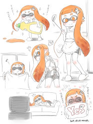 Rule 34 | &gt; &lt;, 1girl, apron, bike shorts, blush, catchphrase, closed eyes, dated, dishwashing soap, fangs, hair ornament, hairclip, inkling, inkling girl, inkling player character, kanya pyi, ladle, lying, musical note, nintendo, on side, orange eyes, orange hair, partially colored, pointy ears, quaver, sidelocks, simple background, slippers, smile, splatoon (series), splatoon 1, television, tentacle hair, vacuum cleaner, white background, window, yes, yes-no pillow