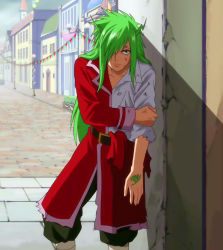 Rule 34 | 1boy, balloon, belt, building, fairy tail, flag, freed justine, green hair, injury, lamp, lamppost, leaning, long hair, male focus, outdoors, road, sky, solo, standing, street, tattoo, torn clothes, town