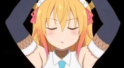 Rule 34 | 1girl, animated, animated gif, black skirt, blue necktie, blush, bouncing breasts, breasts, closed eyes, detached sleeves, dragon horns, feet up, frying pan, gloves, hair between eyes, horns, kobayashi-san chi no maidragon, large breasts, long hair, maid, multicolored hair, necktie, one eye closed, orange hair, shirt, skirt, solo, thighhighs, thighs, tohru (maidragon), tongue, tongue out, white gloves, white shirt, wink, yellow eyes