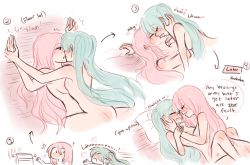 Rule 34 | 2girls, blue eyes, blue hair, blush, comic, dashingicecream, english text, closed eyes, french kiss, hands on another&#039;s cheeks, hatsune miku, kiss, lying on ground, megurine luka, multiple girls, nude, pillow, pink hair, twintails, vocaloid, yuri