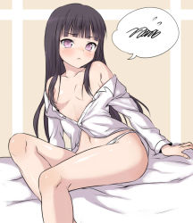 Rule 34 | 10s, 1girl, bad id, bad pixiv id, bare legs, black hair, blunt bangs, blush, breasts, hair censor, hair over breasts, inu x boku ss, koori (haraiso), looking at viewer, navel, no bra, no pants, off shoulder, on bed, open clothes, open shirt, panties, purple eyes, shirakiin ririchiyo, shirt, sitting, small breasts, solo, speech bubble, spoken squiggle, squiggle, thighs, underwear