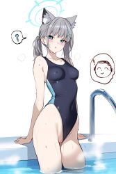 Rule 34 | 1girl, animal ear fluff, animal ears, ateoyh, blue archive, blue eyes, breasts, cleft of venus, competition swimsuit, covered erect nipples, covered navel, extra ears, grey hair, hair ornament, halo, highres, official alternate costume, one-piece swimsuit, pussy, shiroko (blue archive), shiroko (swimsuit) (blue archive), small breasts, swimsuit, thighs, uncensored, wet, wolf ears