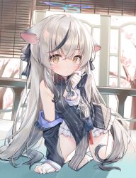 Rule 34 | 1girl, absurdres, animal ear fluff, animal ears, bare legs, blue archive, bow, chinese clothes, frilled skirt, frills, gradient hair, grey hair, hair between eyes, hair bow, hair ribbon, halo, highres, kokona (blue archive), long hair, long sleeves, looking at viewer, low twintails, multicolored hair, pelvic curtain, ribbon, sidelocks, skirt, sleeveless, solo, streaked hair, tearing up, tiger ears, tiger girl, twintails, two-tone hair