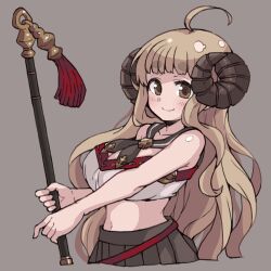 Rule 34 | 1girl, ahoge, anila (granblue fantasy), black sailor collar, blunt bangs, blush, breasts, brown eyes, brown hair, cleavage, crop top, cropped legs, curled horns, draph, es (eisis), granblue fantasy, grey background, highres, holding, horns, large breasts, long hair, looking at viewer, midriff, ple, pleated skirt, sailor collar, sheep horns, simple background, skirt, smile, solo, tassel, thick eyebrows