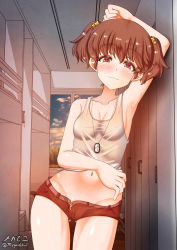 Rule 34 | 1girl, alisa (girls und panzer), arm up, armpits, bare shoulders, blush, breasts, brown eyes, brown hair, cleavage, closed mouth, collarbone, covered erect nipples, freckles, girls und panzer, hair ornament, highres, indoors, looking at viewer, megadeko, navel, no bra, no panties, red shorts, short hair, shorts, sideboob, small breasts, smile, solo, star (symbol), star hair ornament, tank top, twintails, white tank top