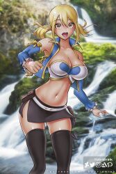 Rule 34 | 1girl, blonde hair, breasts, brown eyes, cleavage, collarbone, cowboy shot, fairy tail, hybridmink, large breasts, looking at viewer, lucy heartfilia, midriff, miniskirt, navel, open mouth, patreon username, skirt, solo, tagme, teeth, thighhighs, twintails, upper teeth only, zettai ryouiki