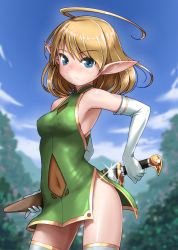Rule 34 | 1girl, ahoge, bare shoulders, blonde hair, blue eyes, blurry, blurry background, blush, breasts, closed mouth, commentary request, covered navel, day, depth of field, dress, elbow gloves, elf, glint, gloves, gluteal fold, green dress, highres, holding, holding sheath, holding sword, holding weapon, looking at viewer, original, outdoors, pointy ears, rohitsuka, see-through, sheath, sleeveless, sleeveless dress, small breasts, solo, standing, sword, thighhighs, unsheathing, weapon, white gloves, white thighhighs, zettai ryouiki