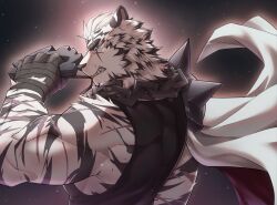 Rule 34 | 1boy, absurdres, animal ears, arknights, bara, black tank top, brass knuckles, facial hair, fighting stance, from behind, frown, furry, furry male, goatee, highres, looking at viewer, looking back, male focus, midknight 777 (henthaisan), mountain (arknights), muscular, muscular male, pectorals, scar, scar across eye, short hair, sidepec, solo, tank top, thick eyebrows, tiger boy, tiger ears, tiger stripes, weapon, white fur, white hair, wind