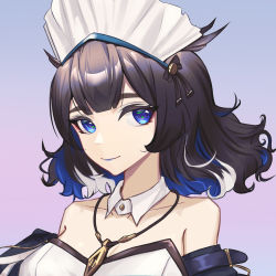 Rule 34 | 1girl, arknights, black hair, blue eyes, blue hair, breasts, cleavage, commentary request, detached collar, dress, gradient background, jewelry, kjera (arknights), kjera (ingenious servant) (arknights), large breasts, liutaizhen, looking at viewer, maid, maid headdress, multicolored hair, off-shoulder dress, off shoulder, official alternate costume, pendant, short hair, smile, solo, streaked hair, upper body