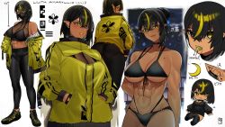 Rule 34 | 1girl, abs, ass, bikini, black bikini, black eyes, black sweater, black thighhighs, blurry, blurry background, breasts, character name, chibi, cleavage cutout, closed mouth, clothing cutout, colored tongue, crescent, dark-skinned female, dark elf, dark skin, earclip, earrings, elf, english text, eyes visible through hair, floral print, from behind, gradient eyes, hair between eyes, hands in pockets, head tilt, highres, j.moon, jacket, jewelry, large breasts, lilith (lilycious), long sleeves, looking at viewer, looking back, mask, moire, mole, mole on breast, mole under mouth, mouth mask, multi-strapped bikini bottom, multicolored eyes, multicolored hair, multiple moles, multiple views, muscular, muscular female, night, off-shoulder jacket, off shoulder, original, outdoors, pants, pointy ears, pool, ribbed sweater, ribbed tank top, sharp teeth, shoes, short hair, slit pupils, smile, sneakers, streaked hair, stud earrings, sweater, swimsuit, teeth, thighhighs, thighs, tight clothes, tight pants, tongue, tongue out, upper body, white background, yellow eyes, yellow jacket, yellow tongue, yoga pants