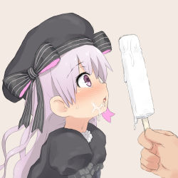 Rule 34 | 10s, 1boy, 1girl, blush, bow, child, eyebrows, fate/extra, fate (series), food, food awe, hair bow, hat, highres, holding, ice cream, light purple hair, long hair, male hand, nursery rhyme (fate), open mouth, pink eyes, popsicle, profile, puffy sleeves, purple eyes, ribbon, sexually suggestive, simple background, solo focus, striped bow, striped ribbon, upper body, yakihebi