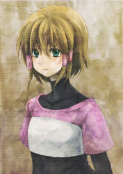 Rule 34 | 1girl, aqua eyes, bad id, bad pixiv id, black shirt, blonde hair, breasts, closed mouth, collarbone, determined, final fantasy, final fantasy ix, hair ornament, hair tubes, long sleeves, looking ahead, looking to the side, medium breasts, mikoto (ff9), mikoto (ffix), multicolored clothes, multicolored shirt, niwa toriko, pink shirt, serious, shirt, short hair, short sleeves, solo, standing, turquoise eyes, upper body, white shirt