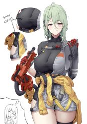 Rule 34 | 1girl, absurdres, ahoge, black bodysuit, blush, bodysuit, braid, breasts, cleavage, clothes around waist, de lacey (neural cloud), enin, girls&#039; frontline, girls&#039; frontline neural cloud, gloves, green hair, hair between eyes, highres, jacket, jacket around waist, large breasts, looking at viewer, mole, multiple views, red eyes, simple background, smile, solo, strap, symbol-shaped pupils, tablet pc