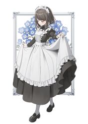 Rule 34 | 1girl, apron, black dress, black footwear, black hair, blue flower, blush, closed eyes, closed mouth, collared dress, commentary, dress, flower, frilled apron, frills, full body, highres, loafers, maid, maid apron, maid headdress, nemophila (flower), original, pantyhose, picture frame, pleated dress, shii (kairi-t-k0317), shoes, short hair, simple background, skirt hold, smile, solo, standing, white background, white pantyhose