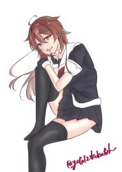 Rule 34 | 1girl, absurdres, ahoge, black gloves, black serafuku, black thighhighs, brown eyes, brown hair, commentary request, dated commentary, feet out of frame, finger to mouth, gloves, hair flaps, hairband, highres, index finger raised, invisible chair, kantai collection, kokutou (goto123kokutoh), long hair, looking at viewer, neckerchief, red hairband, red neckerchief, sailor collar, school uniform, serafuku, shiratsuyu (kancolle), shiratsuyu kai ni (kancolle), simple background, sitting, solo, thighhighs, twitter username, white background, white sailor collar