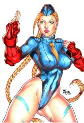Rule 34 | 1girl, 2022, ahoge, armband, artist request, ass, black armband, blonde hair, blue eyes, blue leotard, bodypaint, braid, breasts, cammy white, curvy, dated, fighting stance, fingerless gloves, garrison cap, gloves, hat, heattech leotard, highleg, highleg leotard, highres, leotard, long hair, medium breasts, necktie, red gloves, ribbed leotard, shiny skin, street fighter, traditional media, twin braids, very long hair, white background, wide hips, yellow necktie