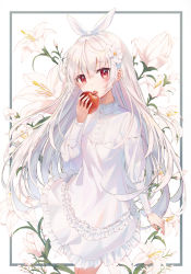 Rule 34 | 1girl, albino, apple, art nouveau, blush, buttons, cowboy shot, dress, flower, food, framed, frilled dress, frills, fruit, hair flower, hair ornament, hair ribbon, hand up, holding, holding food, holding fruit, lily (flower), long hair, long sleeves, looking at viewer, momingie, open mouth, original, petite, red eyes, ribbon, sidelocks, solo, standing, very long hair, white dress, white flower, white hair, white ribbon, white theme