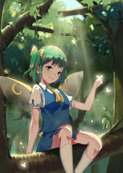 Rule 34 | 1girl, absurdres, arm at side, asymmetrical hair, blue skirt, blue vest, blush, bow, branch, breasts, bug, butterfly, closed mouth, collared shirt, daiyousei, day, fairy, fairy wings, glowing butterfly, green eyes, green hair, hair bow, highres, in tree, insect, kneehighs, leaf, looking at viewer, ninomi621, outdoors, puffy short sleeves, puffy sleeves, shirt, short sleeves, side ponytail, sitting, skirt, small breasts, smile, socks, solo, sunlight, tareme, touhou, tree, vest, white shirt, white socks, wing collar, wings, yellow bow