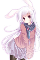Rule 34 | 1girl, animal ears, bad id, bad pixiv id, black pantyhose, blush, casual, female focus, gradient background, long hair, original, pantyhose, pink eyes, purple hair, rabbit ears, rabbit tail, scarf, simple background, sleeves past wrists, smile, solo, tail, very long hair, white background, white hair, yonema