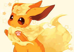 Rule 34 | animal focus, arms up, bad id, bad pixiv id, banchiku, beige background, blonde hair, blush, brown eyes, creatures (company), flareon, fluffy, game freak, gen 1 pokemon, light blush, looking up, nintendo, no humans, open mouth, pawpads, pokemon, pokemon (creature), short hair, simple background, solo, star (symbol), upper body