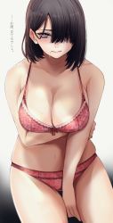 Rule 34 | 1girl, arm under breasts, bare shoulders, between legs, black hair, blue eyes, blush, bra, breasts, cleavage, closed mouth, collarbone, commentary request, hair behind ear, hair between eyes, hair over one eye, hand between legs, highres, hoshi san 3, large breasts, looking at viewer, medium hair, mole, mole under eye, mole under mouth, navel, original, panties, parted bangs, red bra, red panties, solo, sweat, thighs, translation request, underwear