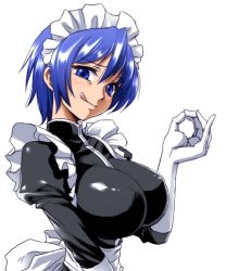 Rule 34 | 1girl, :q, bad id, bad nicoseiga id, blue eyes, blue hair, breasts, female focus, funnyari, gloves, impossible clothes, large breasts, maid, maid headdress, matching hair/eyes, original, sexually suggestive, short hair, simple background, solo, tongue, tongue out, upper body, white background