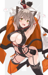 Rule 34 | 1girl, ?, @ @, animal ears, bound, bound arms, breasts, cat ears, cat girl, cat tail, gloves, highres, jacket, light brown hair, ohta yuichi, original, restrained, revealing clothes, ribbon, tail, thighs, yellow eyes
