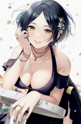 Rule 34 | 1girl, absurdres, bare shoulders, black hair, blush, breasts, cleavage, hayami kanade, highres, idolmaster, idolmaster cinderella girls, large breasts, looking at viewer, mairo, parted bangs, resolution mismatch, short hair, smile, solo, source larger, yellow eyes