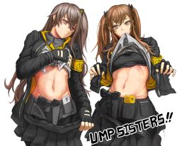 Rule 34 | 2girls, armband, bad id, bad pixiv id, bra, brown eyes, brown hair, cellphone, clothes in mouth, clothes lift, f and d, fingerless gloves, girls&#039; frontline, gloves, gun, hair ornament, hairclip, handgun, holster, hood, hoodie, jacket, long hair, looking at viewer, midriff, mouth hold, multiple girls, navel, phone, pistol, scar, scar across eye, scar on face, shirt in mouth, shirt lift, siblings, side ponytail, sisters, smartphone, sports bra, twins, twintails, two side up, ump45 (girls&#039; frontline), ump9 (girls&#039; frontline), underwear, weapon