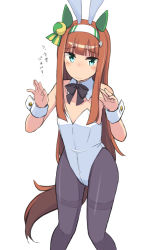 Rule 34 | animal ears, black bow, black bowtie, black pantyhose, bow, bowtie, commentary request, detached collar, ear covers, fake animal ears, flat chest, green eyes, hime cut, horse ears, horse girl, horse tail, kugui kiyunemu, leotard, orange hair, pantyhose, playboy bunny, rabbit ears, silence suzuka (umamusume), simple background, strapless, strapless leotard, tail, thighband pantyhose, translation request, umamusume, white background, white leotard, wrist cuffs