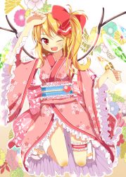 Rule 34 | 1girl, ;d, blonde hair, blush, bow, detached sleeves, fangs, female focus, flandre scarlet, floral background, floral print, flower, frilled kimono, frilled skirt, frilled sleeves, frills, furisode, hair bow, heart, highres, japanese clothes, kimono, kimono skirt, bridal garter, new year, obi, one eye closed, open mouth, red eyes, sandals, sash, side ponytail, skirt, smile, solo, tabi, touhou, wings, wink, yuimari, yukata, zouri