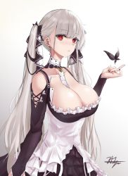Rule 34 | 1girl, absurdly long hair, azur lane, between breasts, black nails, blush, breasts, bug, butterfly, chaciooh, choker, cleavage, collarbone, commentary request, corset, dress, formidable (azur lane), frilled dress, frills, frown, hair ribbon, highres, bug, large breasts, long hair, looking at viewer, nail polish, necktie, necktie between breasts, platinum blonde hair, red eyes, ribbon, signature, solo, twintails, two-tone dress, two-tone ribbon, very long hair