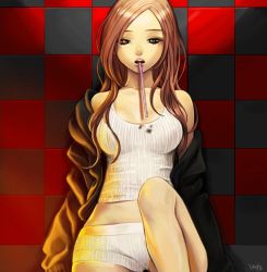 Rule 34 | 1girl, bad id, bad pixiv id, brown eyes, brown hair, checkered background, days, days0047, drinking straw, jacket, long hair, looking at viewer, midriff, mouth hold, off shoulder, open mouth, original, short shorts, shorts, signature, sitting, solo, tank top