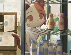 Rule 34 | 1girl, animal ears, basket, bottle, brown eyes, cat ears, cat girl, cat tail, commentary request, electric fan, fukuda (okometani), furry, furry female, highres, holding, ichimura shiho, indoors, locker, milk bottle, naked towel, odd taxi, refrigerator, solo, tail, towel, whiskers