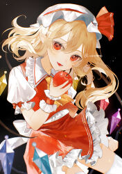 Rule 34 | 1girl, absurdres, apple, artist name, ascot, black background, blonde hair, center frills, commentary request, cowboy shot, crystal, flandre scarlet, food, frilled skirt, frills, fruit, hand up, hat, hat ribbon, highres, holding, holding food, holding fruit, long hair, looking at viewer, mob cap, open mouth, pointy ears, puffy short sleeves, puffy sleeves, red apple, red eyes, red nails, red ribbon, red skirt, red vest, ribbon, shirt, short sleeves, skirt, smile, solo, thighhighs, touhou, uzmee, vest, white shirt, white thighhighs, wings, wrist cuffs, yellow ascot